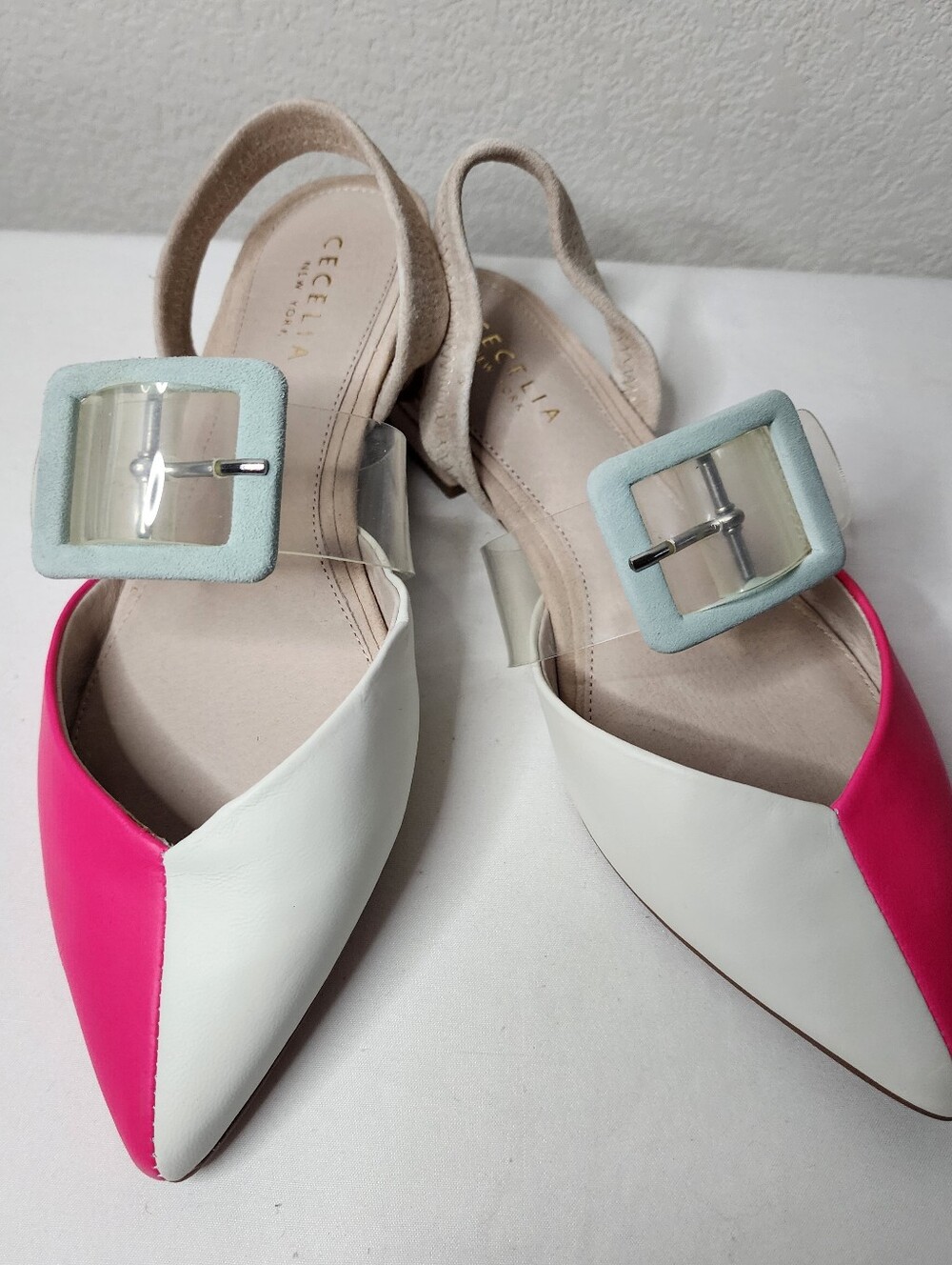 Cecelia New York Women's Pointed Toe Slingback Flats Pink/White Size 6.5US NWOT